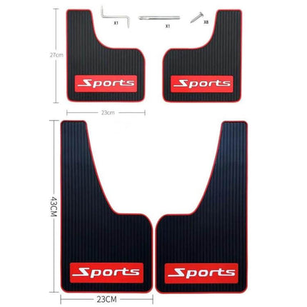 Set of 2 Car Mud Flaps with Sports Design for Splash Protection - black red sports mudguards, 2-piece set with hardware, 27x23cm & 43x23cm