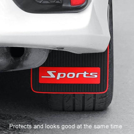 Set of 2 Car Mud Flaps with Sports Design for Splash Protection - black rubber mud flap with red sports logo protecting rear wheel