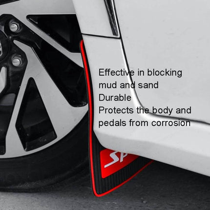 Set of 2 Car Mud Flaps with Sports Design for Splash Protection showing red-trimmed flap blocking mud and protecting car body