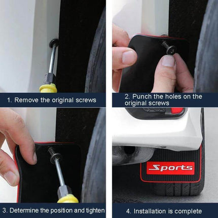 Set of 2 Car Mud Flaps with Sports Design for Splash Protection - hands installing mud flap on rear wheel