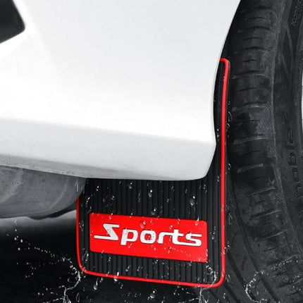 Set of 2 Car Mud Flaps with Sports Design for Splash Protection - black and red sports mud flap installed behind tire resisting water and debris