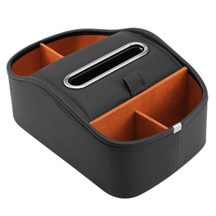 Leather Car Tissue Box Organizer With Dual Cup Holders black leather tissue box with suede lining and dual cup holders, partitioned storage for car