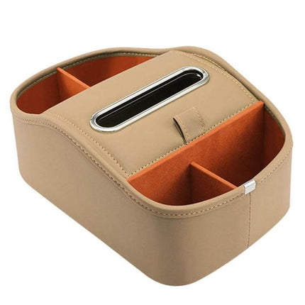 Leather Car Tissue Box Organizer With Dual Cup Holders in tan leather with suede lining, dual cup holders and partitioned storage for car use