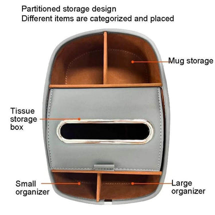 Leather Car Tissue Box Organizer With Dual Cup Holders showing partitioned storage, tissue slot, dual cup/mug holders and small and large organizers