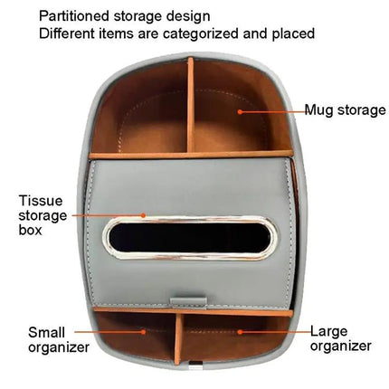 Leather Car Tissue Box Organizer With Dual Cup Holders