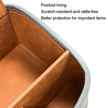 Leather Car Tissue Box Organizer With Dual Cup Holders showing suede flocked lining, partitioned storage and scratch-resistant interior protection