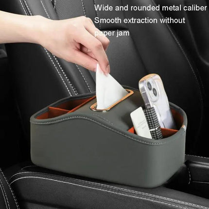 Leather Car Tissue Box Organizer With Dual Cup Holders