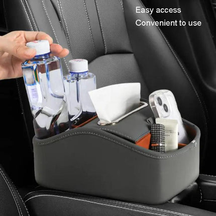 Leather Car Tissue Box Organizer With Dual Cup Holders