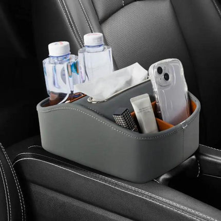 Leather Car Tissue Box Organizer With Dual Cup Holders