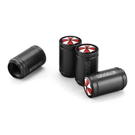Aluminum Alloy Tire Valve Caps For Everyday Use Set Of 4 - black brushed metal valve caps with red white emblem, universal fit for cars motorcycles bicycles