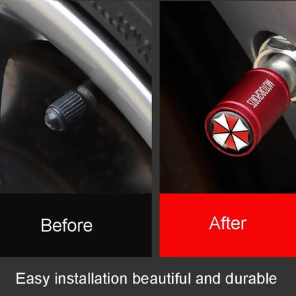 Aluminum Alloy Tire Valve Caps For Everyday Use Set Of 4 - before and after image showing standard valve stem and red brushed alloy cap protecting valve