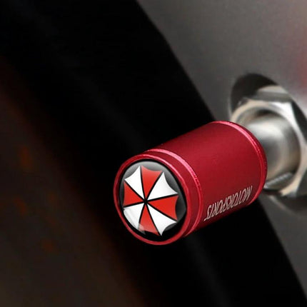 Aluminum Alloy Tire Valve Caps For Everyday Use Set Of 4 - red brushed aluminum cap on car valve stem with logo, universal fit, dust and corrosion protection