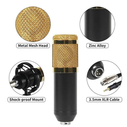 Microphone Set for Daily Home Recording and Streaming - condenser mic with metal mesh head, shock-proof mount, zinc alloy body and 3.5mm XLR cable