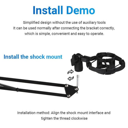 Microphone Set for Daily Home Recording and Streaming showing shock mount installation on adjustable stand, demo text and alignment instructions