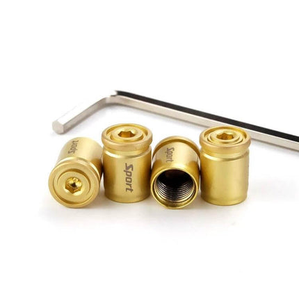 Set Of 4 Anti-Theft Tire Valve Caps With Wrench For Everyday Use - gold alloy locking valve caps with wrench, universal screw-in design