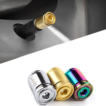 Set Of 4 Anti-Theft Tire Valve Caps With Wrench For Everyday Use - close-up of gold, chrome, and rainbow locking valve caps with wrench key