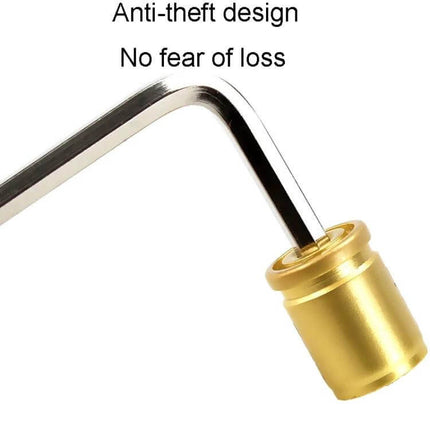 Set Of 4 Anti-Theft Tire Valve Caps With Wrench For Everyday Use – close-up gold locking valve cap and wrench showing anti-theft design