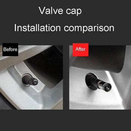 Set Of 4 Anti-Theft Tire Valve Caps With Wrench For Everyday Use - before and after installation comparison showing locked alloy valve cap on car wheel