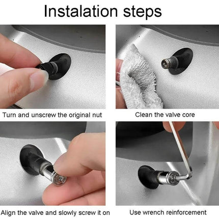 Set Of 4 Anti-Theft Tire Valve Caps With Wrench For Everyday Use – installation steps showing removing original cap, cleaning valve core, aligning and using wrench