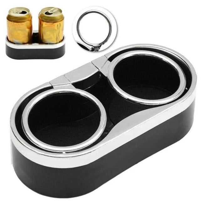 Car Dashboard Dual Cup Holder For Drinks On The Go - black ABS dual drink holder with chrome trim fits two cups or cans on dashboard