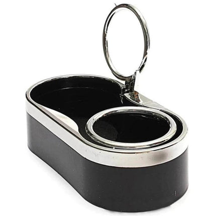 Car Dashboard Dual Cup Holder For Drinks On The Go - black ABS dual cup holder with chrome trim and flip ashtray-style lid