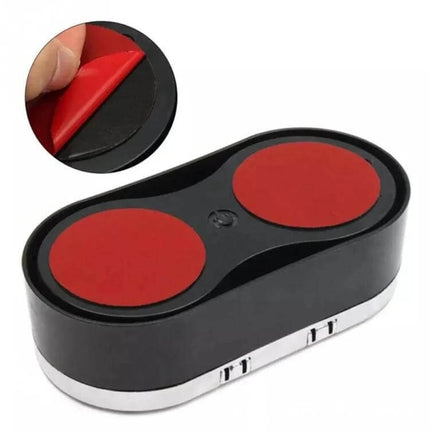 Car Dashboard Dual Cup Holder For Drinks On The Go - black ABS dual cup holder with red non-permanent adhesive pads, keeps coffee and bottles within reach