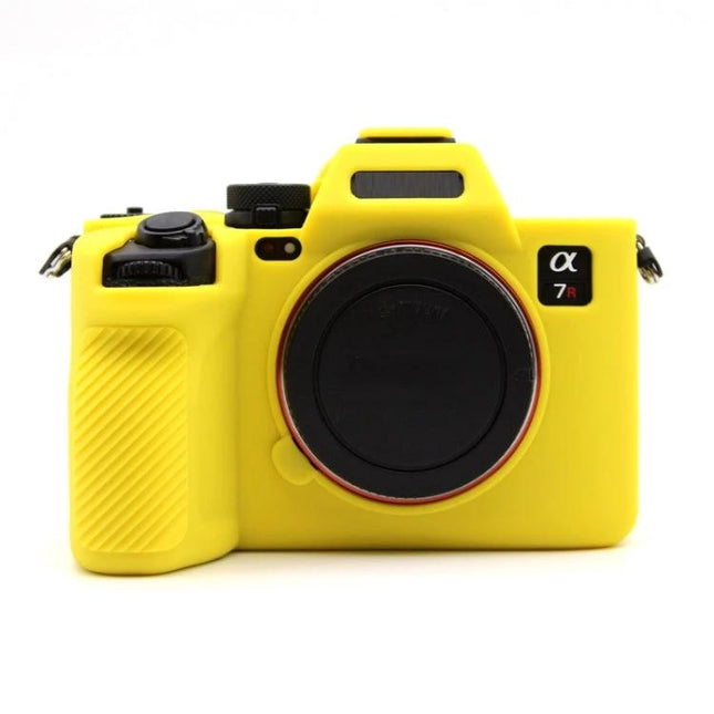 Silicone Protective Case for Sony A7RV Mirrorless Camera in bright yellow fitted on camera body, scratch and dust protection