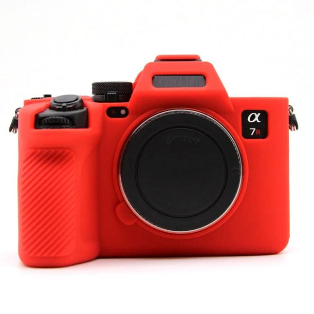 Silicone Protective Case for Sony A7RV Mirrorless Camera in red front view showing grip and lens cover