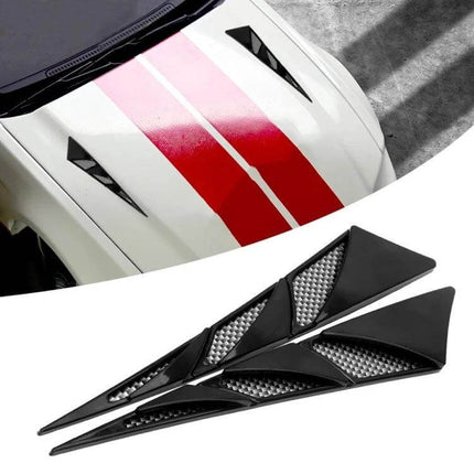 Universal Car Side Air Vent Shark Gill Spoiler Pair For Vehicles applied on white car hood showing black shark gill vents with reflective details