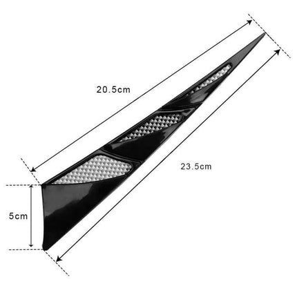 Universal Car Side Air Vent Shark Gill Spoiler Pair For Vehicles - black glossy side vent with reflective inserts and dimensions shown