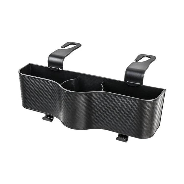 Car Seat Back Storage Box With Rear Cup Holder For Car Organization in carbon fiber ABS for phones drinks and small items