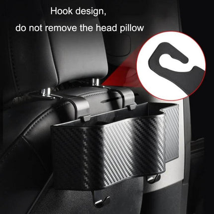 Car Seat Back Storage Box With Rear Cup Holder For Car Organization installed on back of front seat with carbon fiber texture holding phone and drink