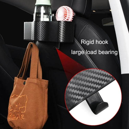 Car Seat Back Storage Box With Rear Cup Holder For Car Organization - carbon fiber ABS holder with cup slots and hook for bags and phones