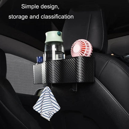 Car Seat Back Storage Box With Rear Cup Holder For Car Organization - carbon fiber ABS rear organizer holding bottle, fan, tissue for backseat tidy