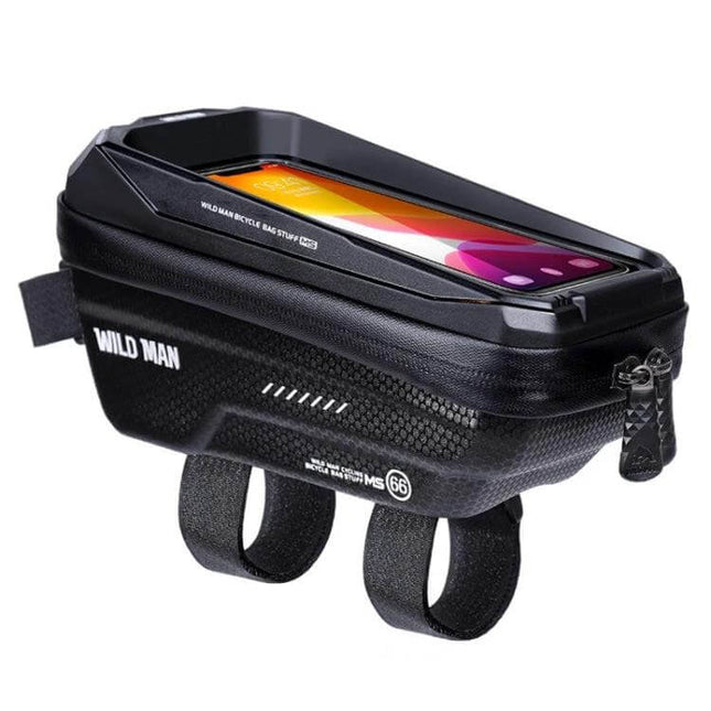 Wild Man 1.2L Front Beam Bicycle Bag With Touch Screen Phone Window - black PU+EVA shell, TPU phone window, front tube mount, rainproof compact storage