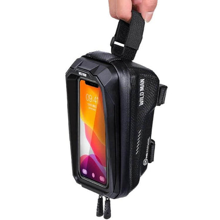 Wild Man 1.2L Front Beam Bicycle Bag With Touch Screen Phone Window showing rugged PU+EVA shell, TPU touch-screen window and rainproof design