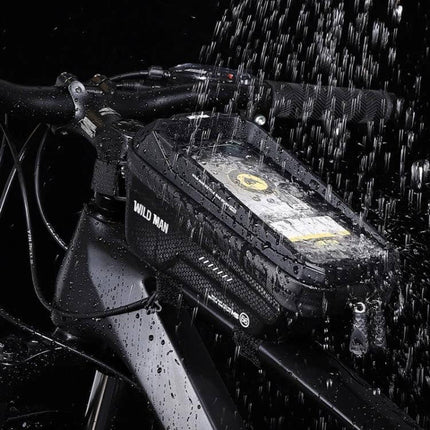 Wild Man 1.2L Front Beam Bicycle Bag With Touch Screen Phone Window mounted on bike in rain, rainproof PU+EVA shell and TPU phone window visible