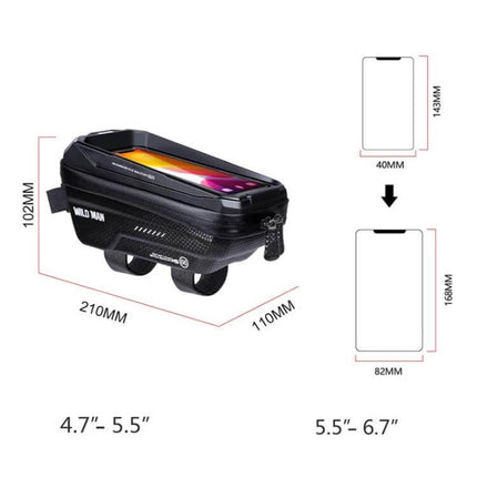 Wild Man 1.2L Front Beam Bicycle Bag With Touch Screen Phone Window showing compact black PU+EVA shell, TPU phone window and top dimensions