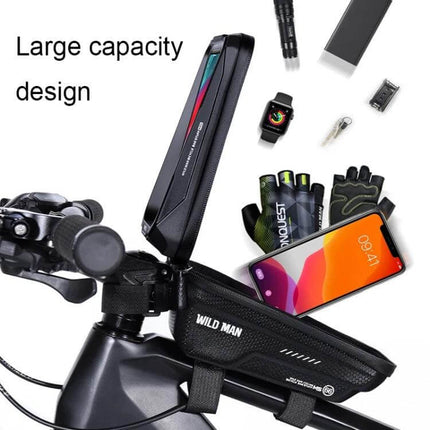 Wild Man 1.2L Front Beam Bicycle Bag With Touch Screen Phone Window mounted on bike showing phone and accessories, compact rainproof PU+EVA storage