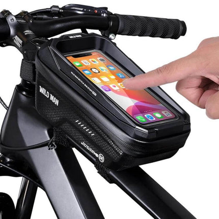 Wild Man 1.2L Front Beam Bicycle Bag With Touch Screen Phone Window mounted on bike frame with rider using touchscreen