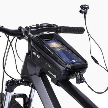 Wild Man 1.2L Front Beam Bicycle Bag With Touch Screen Phone Window mounted on bike frame with clear TPU phone window and rainproof shell