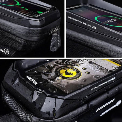 Wild Man 1.2L Front Beam Bicycle Bag With Touch Screen Phone Window showing rainproof PU+EVA shell and TPU touch phone window