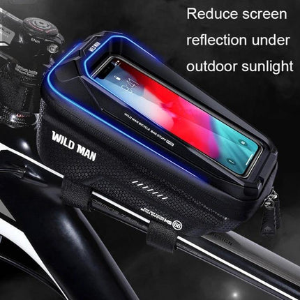 Wild Man 1.2L Front Beam Bicycle Bag With Touch Screen Phone Window mounted on bike top tube showing TPU touchscreen access and rainproof PU+EVA shell