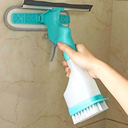 4 In 1 Double Sided Glass Wiper Window Squeegee With Spray Bottle cleaning bathroom mirror and tiles with brush and squeegee in one tool