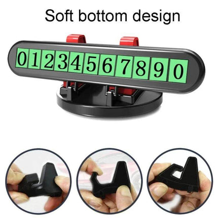 Car Dashboard Phone Holder With 2-In-1 Parking Sign For Driving showing numeric parking plate and soft bottom design, ABS silicone phone mount on dashboard