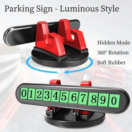 Car Dashboard Phone Holder With 2-In-1 Parking Sign For Driving compact ABS silicone mount with luminous parking number plate and 360° rotation