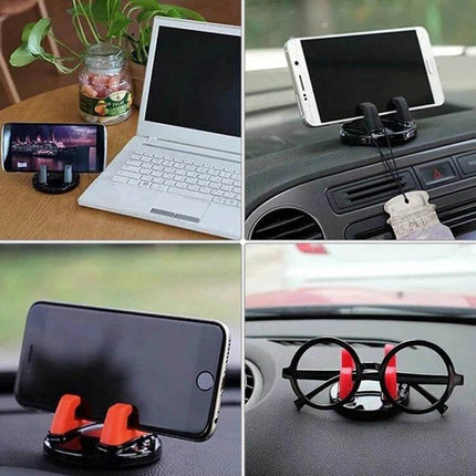 Car Dashboard Phone Holder With 2-In-1 Parking Sign For Driving shown mounted on dashboard holding phone and parking number plate