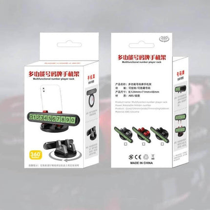 Car Dashboard Phone Holder With 2-In-1 Parking Sign For Driving on retail packaging showing ABS silicone mount and numeric parking plate