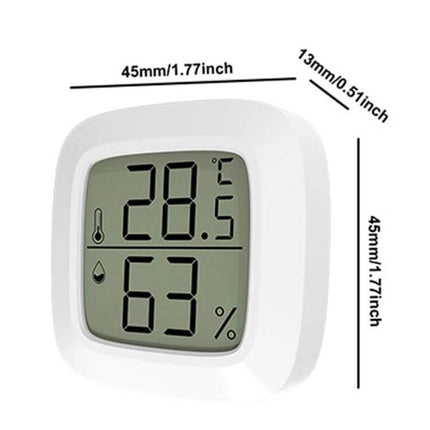 Mini Electronic Pet Temperature And Humidity Meter For Home Use compact white digital hygrometer thermometer showing 28.5°C and 63% with dimensions 45×45×13mm