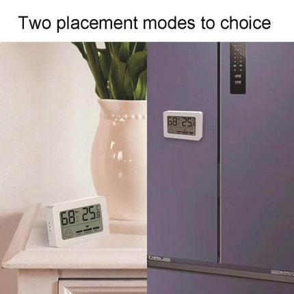 Indoor Mini Temperature And Humidity Meter With Stand For Home Use showing desk and wall placement with large LCD comfort indicator